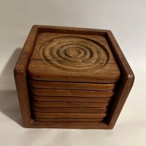 Vintage GoodWood Teak Wood Round 8 Piece 4" Coaster Set Retro Mid Century